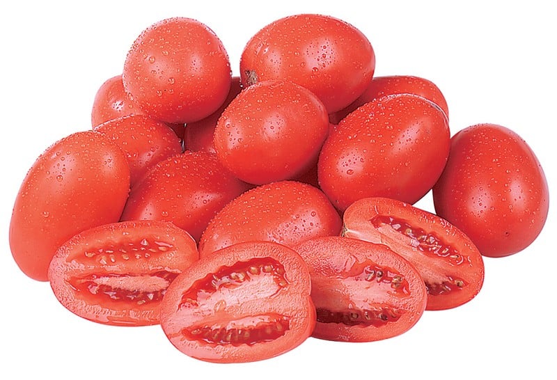 Whole and Halved Washed Plum Tomatoes Isolated Food Picture