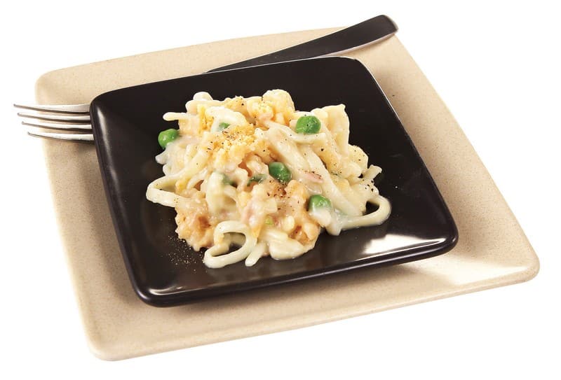 Tuna noodle casserole on black plate with tan serving plate and white background Food Picture