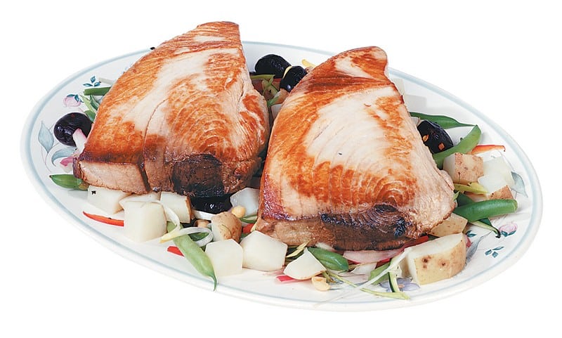 Tuna steak dinner on multi-colored plate Food Picture