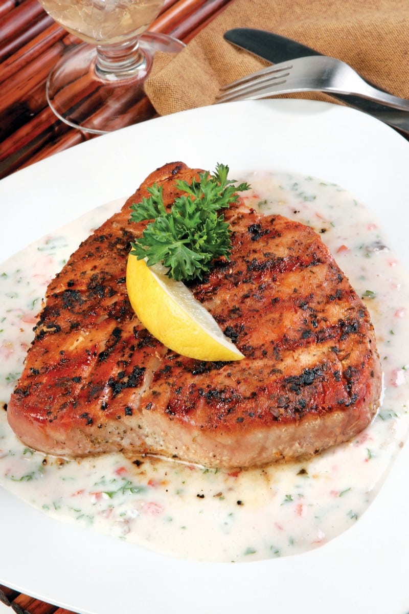 Tuna steak grilled with sauce and garnish Food Picture