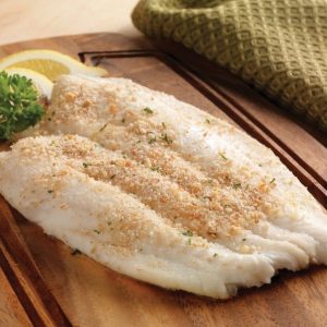 Turbot Fillet with Garnish on Wooden Board Food Picture