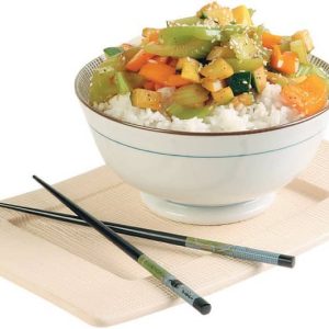 Vegetable Stir Fry over White Rice on Blue Plate Food Picture