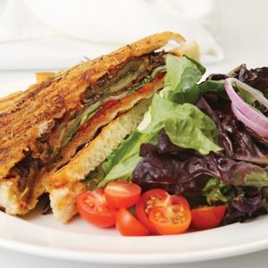 Veggie Panini with Salad on White Plate, Close Up Food Picture