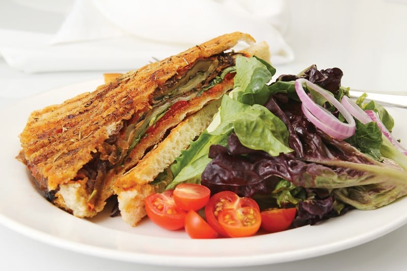 Veggie Panini with Salad on White Plate, Close Up Food Picture