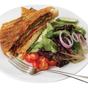 Veggie Panini with Salad on White Plate with Fork Food Picture