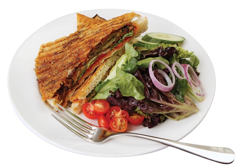 Veggie Panini with Salad on White Plate with Fork Food Picture