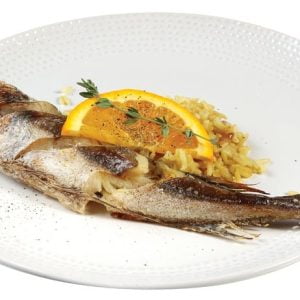 Whiting Fish with Garnish and Rice on White Plate Food Picture