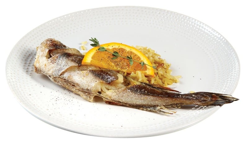 Whiting Fish with Garnish and Rice on White Plate Food Picture