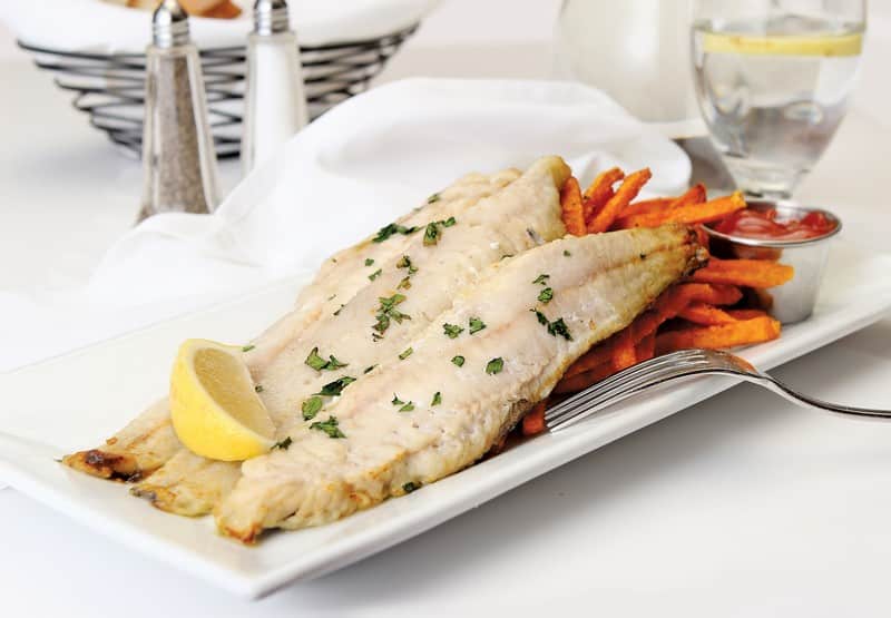 Whiting with Sweet Potato Fries on White Plate Food Picture