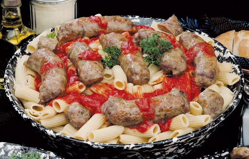 Ziti with Sausage in Bowl with Sauce and Garnish Food Picture