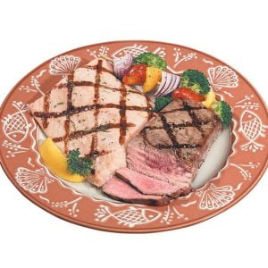 Surf and Turf with Veggies on Orange and White Plate Food Picture